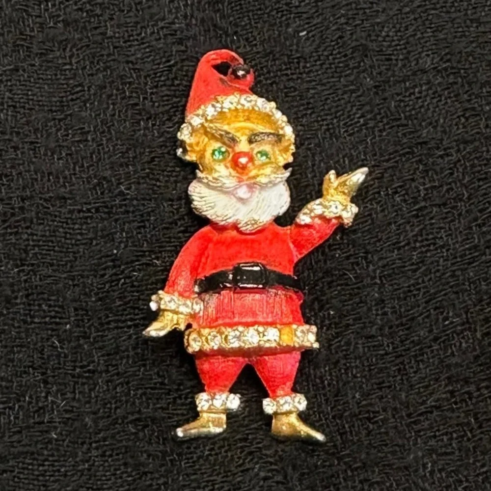 Vintage Rhinestone Santa Claus‎ Brooch Red Enamel Christmas Pin Gold Tone